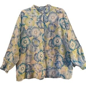 Vintage 90's LIZ CLAIBORNE Woman by Elisabeth Aqua Blue Flowers Linen Tunic 3X